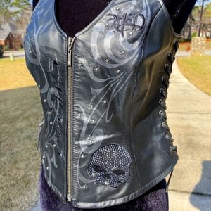 Harley Davidson Women WICKED Willie G Skull Leather Vest Black with BLING